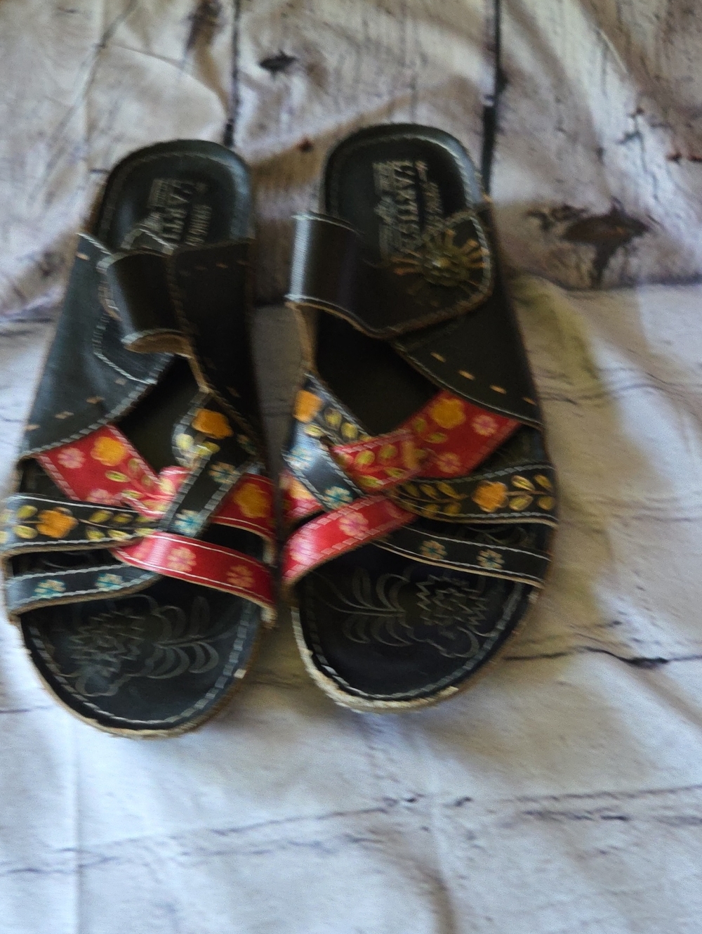 Spring Step L'Artiste Black Leather Slide Sandals with Red Floral Straps